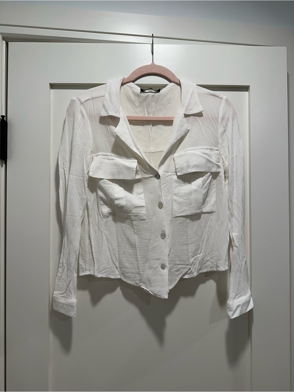 Zara White Semi-Sheer Button-Front Pocket Shirt